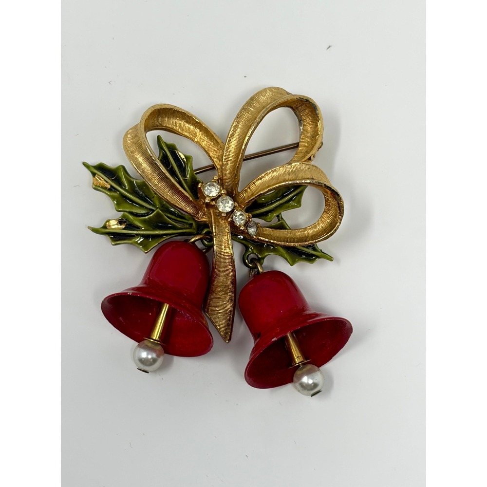 Vintage Art Arthur Pepper Christmas Brooch Red Enamel Bells Holly Bow Pin